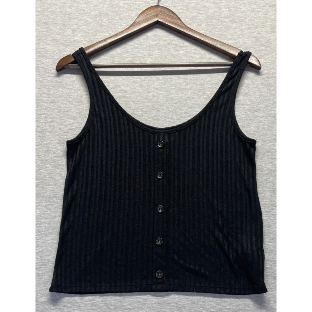 H&M Cropped Tank Top Women Medium Black Ribbed Knit Button Detail Scoop Neck